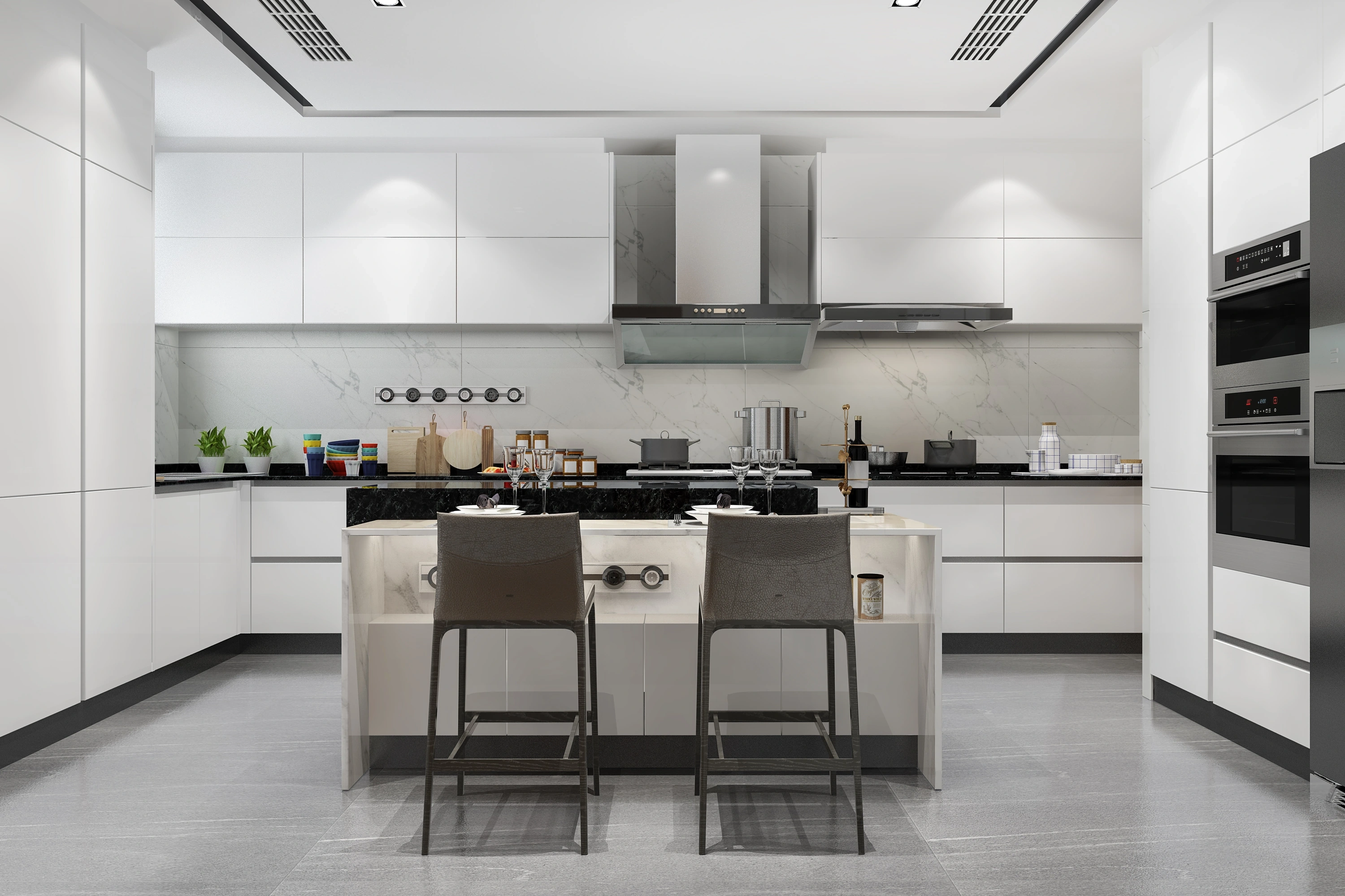 Minimal white kitchen maintained with weekly cleaning