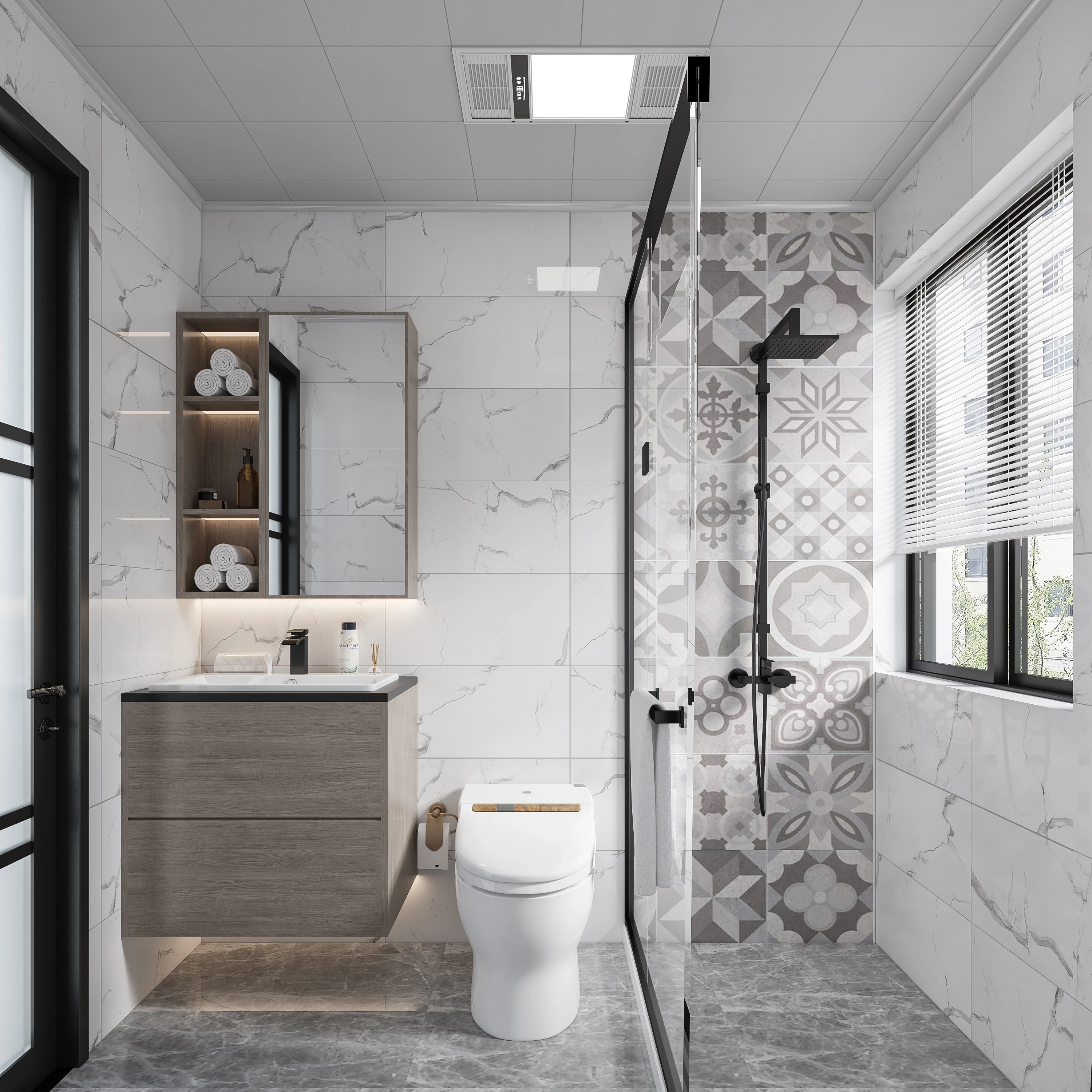 Marble bathroom with gleaming fixtures and glass