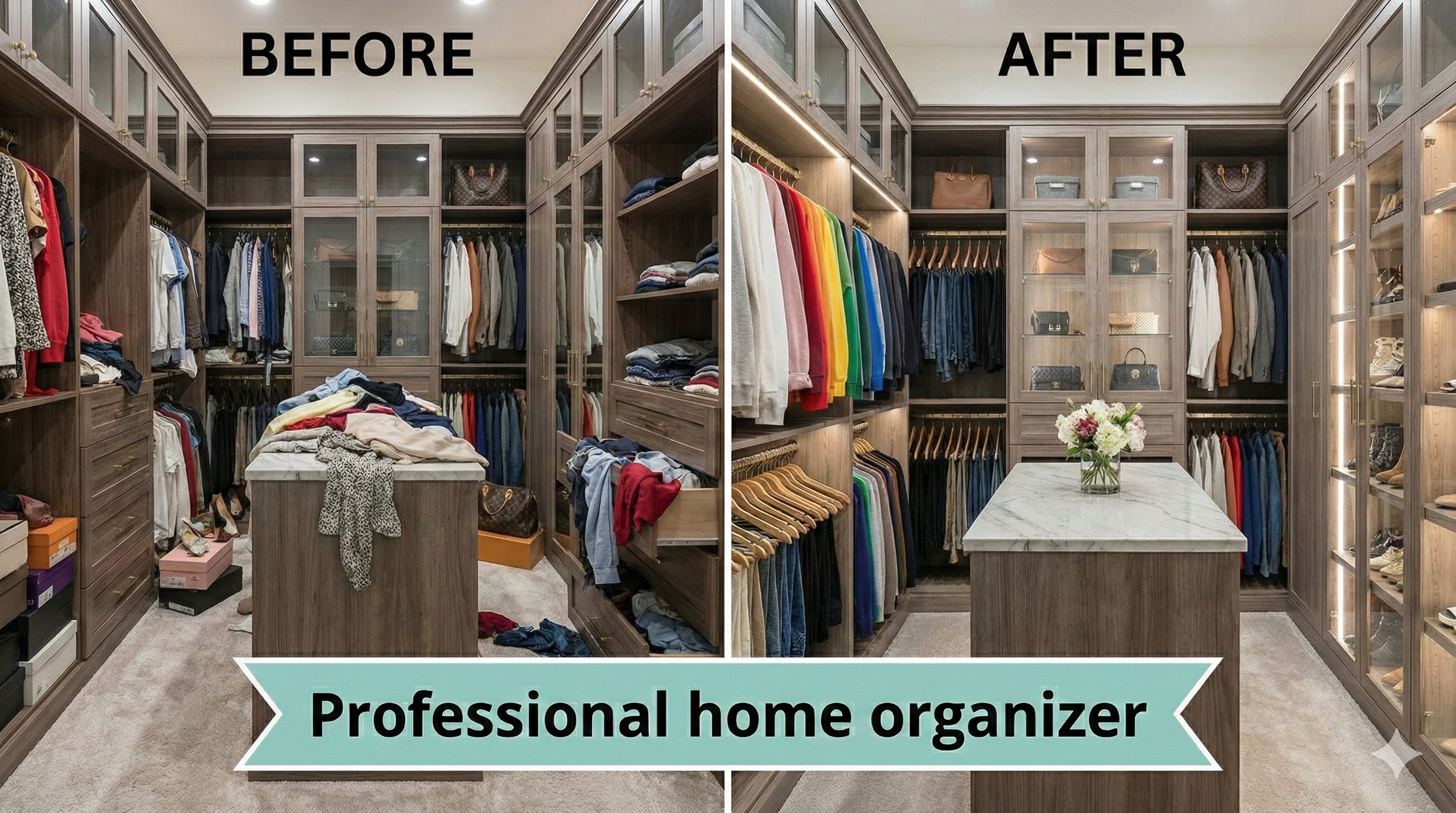 Professional home organizer arranging shelves in a tidy living space