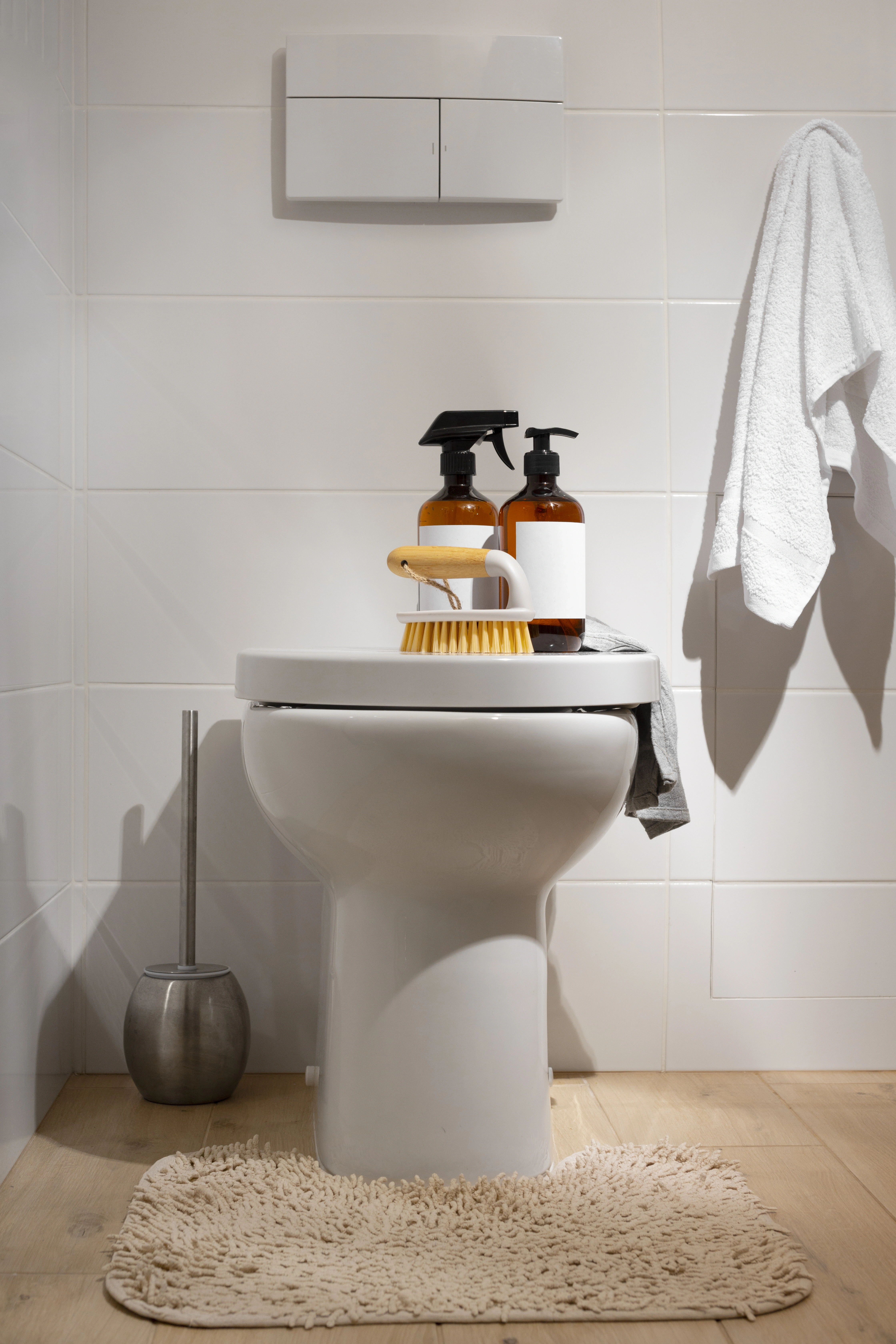 Neatly arranged bathroom cleaning products and towels
