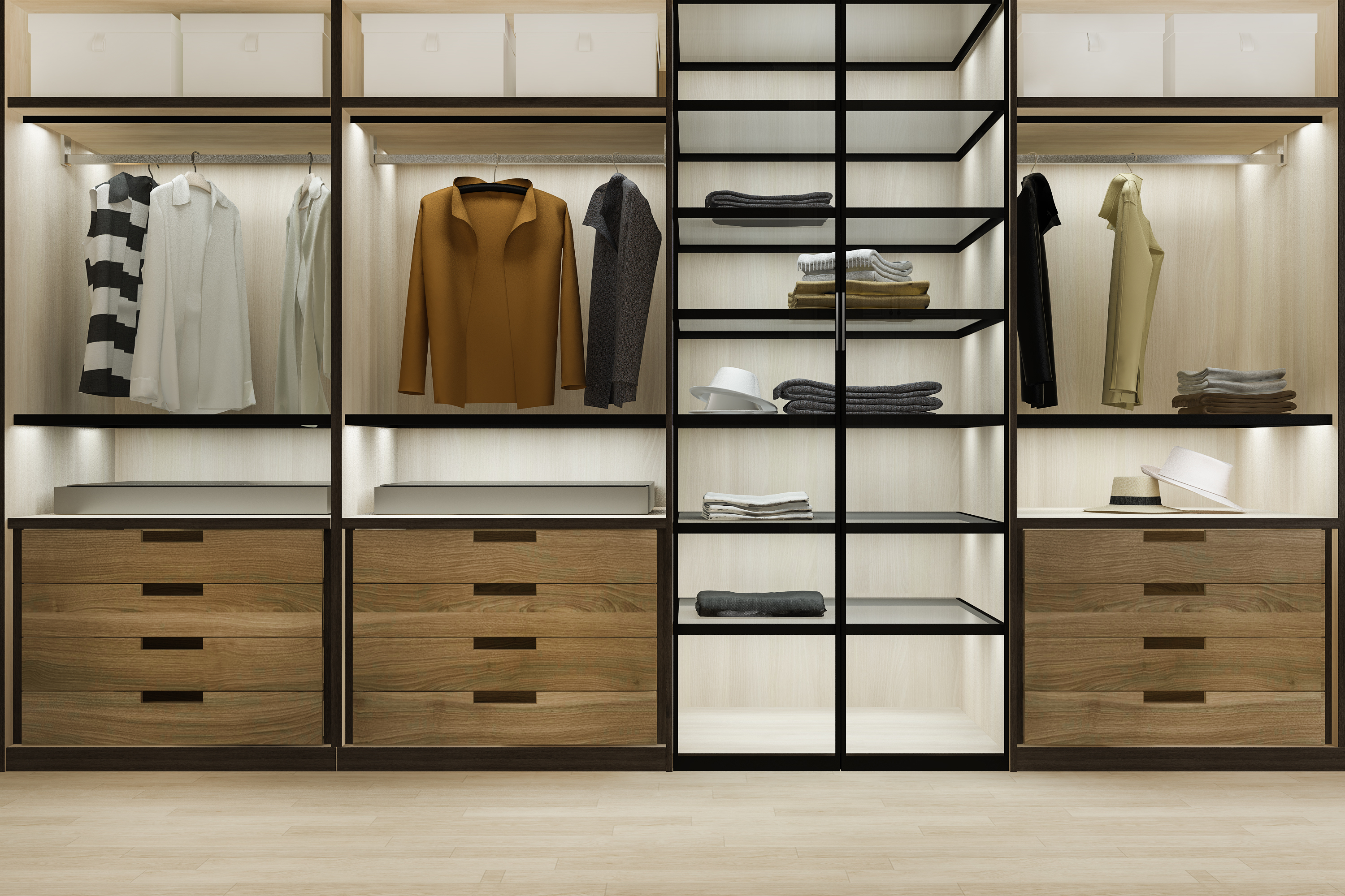Beautifully organized walk-in closet with professional home organizing