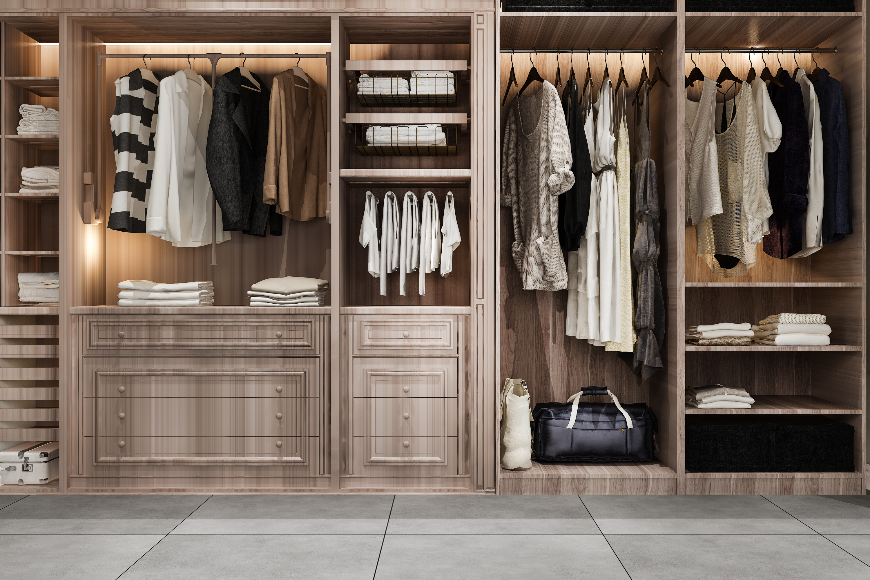 Bright walk-in closet with organized hanging space and drawers